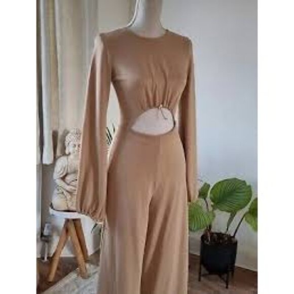 Zara Beige Long-Sleeve Cutout Jumpsuit Size S Crop Pouf Sleeves Tan RX10363 - Picture 2 of 14